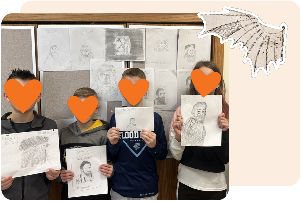 Four students stand in front of a wall displaying pencil sketches, each holding up their own drawing; their faces are covered with orange heart icons—an inspiring scene for those seeking resources for teachers.