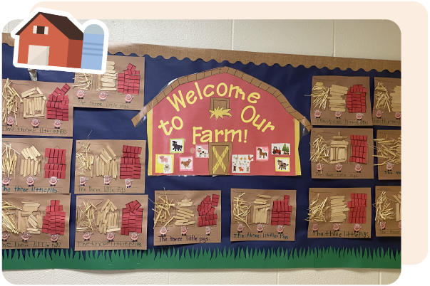 Classroom bulletin board displays a “Welcome to Our Farm!” sign with student artwork depicting the story of the Three Little Pigs using various craft materials, inspired by Amplify CKLA literacy curriculum resources for teachers.