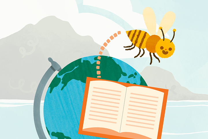 Illustration of a bee flying above a globe with an open book in the foreground, symbolizing how we can ampliar el plan de estudios against a light, abstract background.
