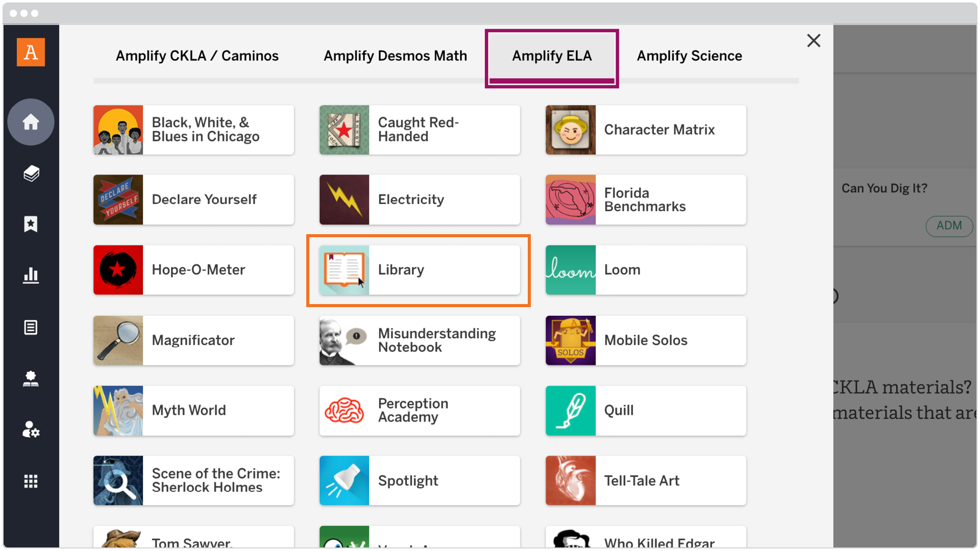 A digital menu displays various educational tools and resources, with "Amplify ELA" highlighted at the top and the "Library" option outlined in orange.