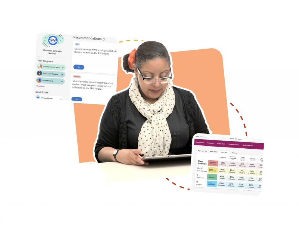 A person is using a tablet, immersed in progress and analytics data graphics on a white and orange backdrop, reminiscent of tools often employed by school administrators.