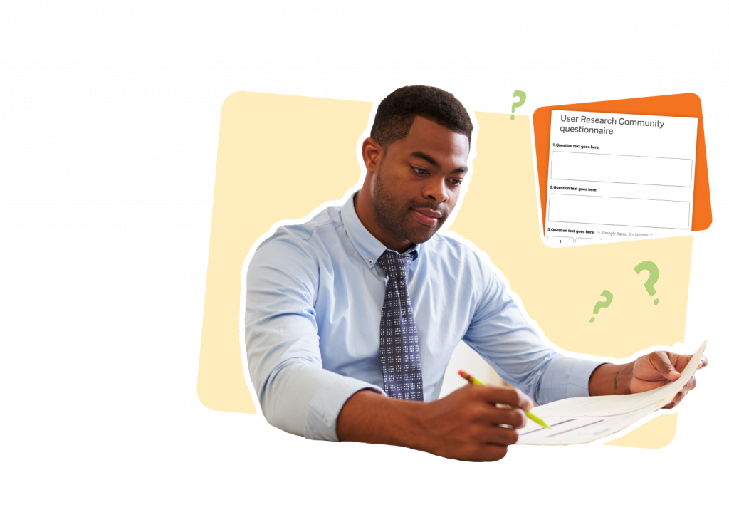 A person in a shirt and tie, possibly a school administrator, reviews documents at a desk. Inset is an image of the "User Research Community Questionnaire," perhaps focusing on insights from K-12 teachers.