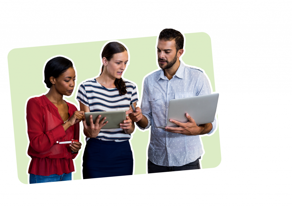 Three people from the research community collaborate with digital devices, including a tablet and a laptop, fervently discussing their findings.