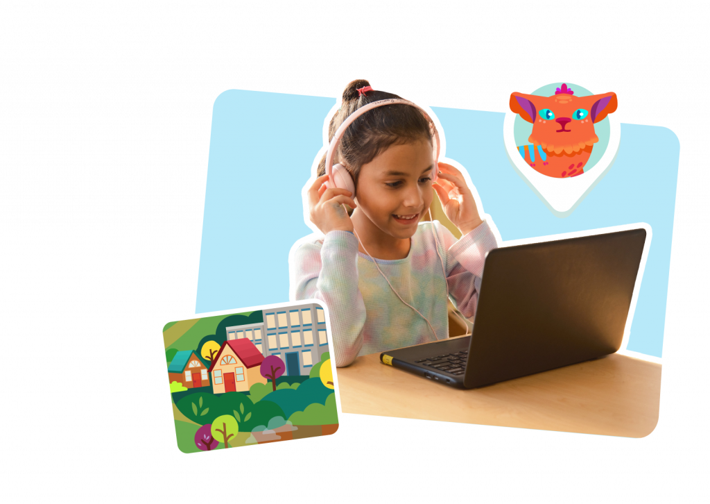 A girl wearing headphones smiles while using a laptop, surrounded by illustrations of a building and a house. A colorful creature dances nearby, reminiscent of the creative tools K-12 teachers use to inspire young minds.