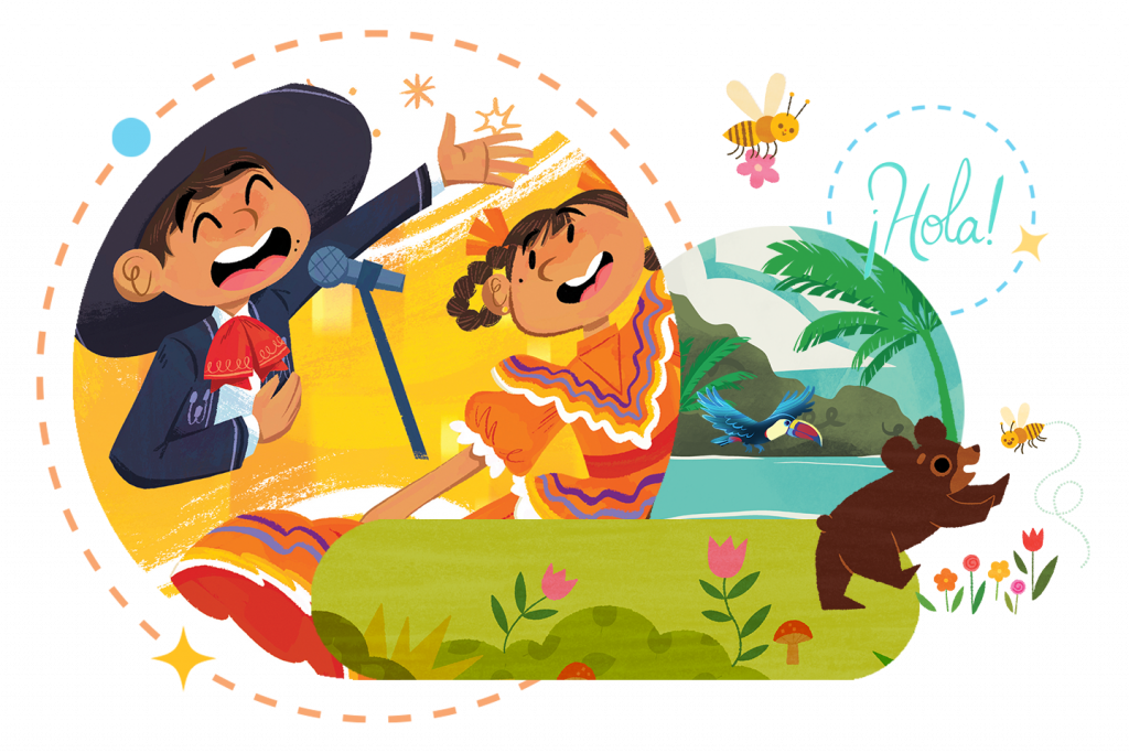 Illustration of two children in traditional mexican attire, one playing the guitar and the other dancing, with a tropical background and "¡hola!" text.