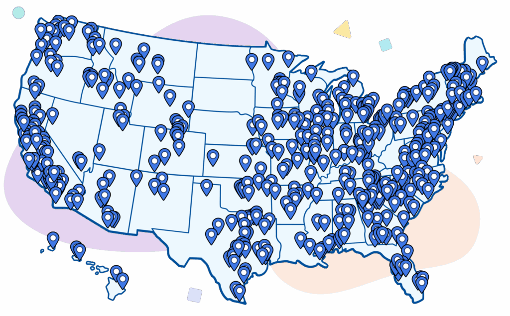 Map of the USA with marked locations across all states, illustrated in a clear vector style with blue pins and a multicolored background inspired by illustrative mathematics.