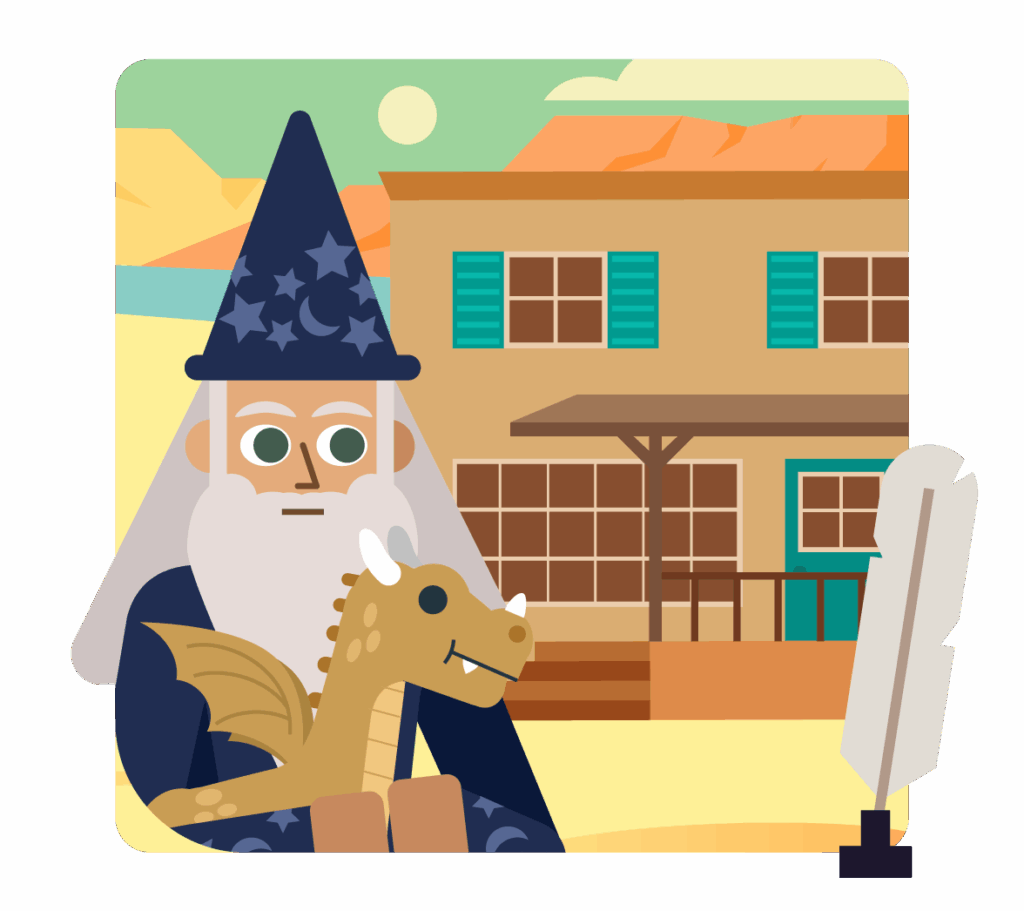 Cartoon wizard with a white beard and star-patterned hat holding a small dragon, standing in front of a house in a desert setting. A large feather quill, perfect for drafting a literacy curriculum, is in the foreground.