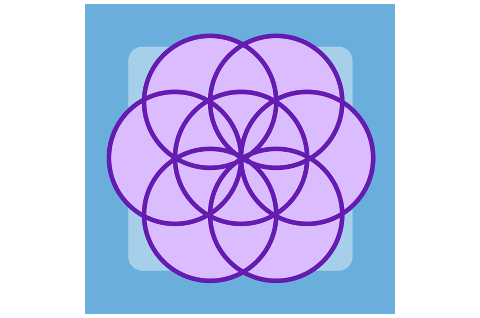 A geometric pattern of seven overlapping purple circles forms a flower-like shape on a light blue background with a rounded square behind it.