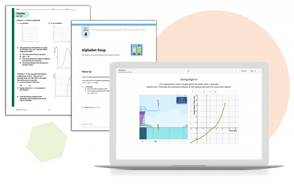 A laptop showcases a mathematical graph using Desmos Math, amplifying the learning experience. Behind it lie two papers with printed graphs and text, reflecting a bustling New York math classroom environment.