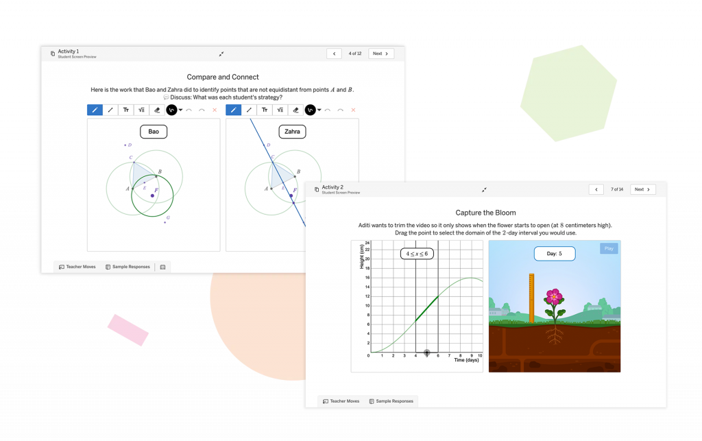 A collage of educational software screens, featuring Desmos Math with vibrant graphs and animations, amplifies mathematical comparisons alongside engaging plant growth simulations. Perfect for educators in New York math classrooms seeking dynamic learning tools.