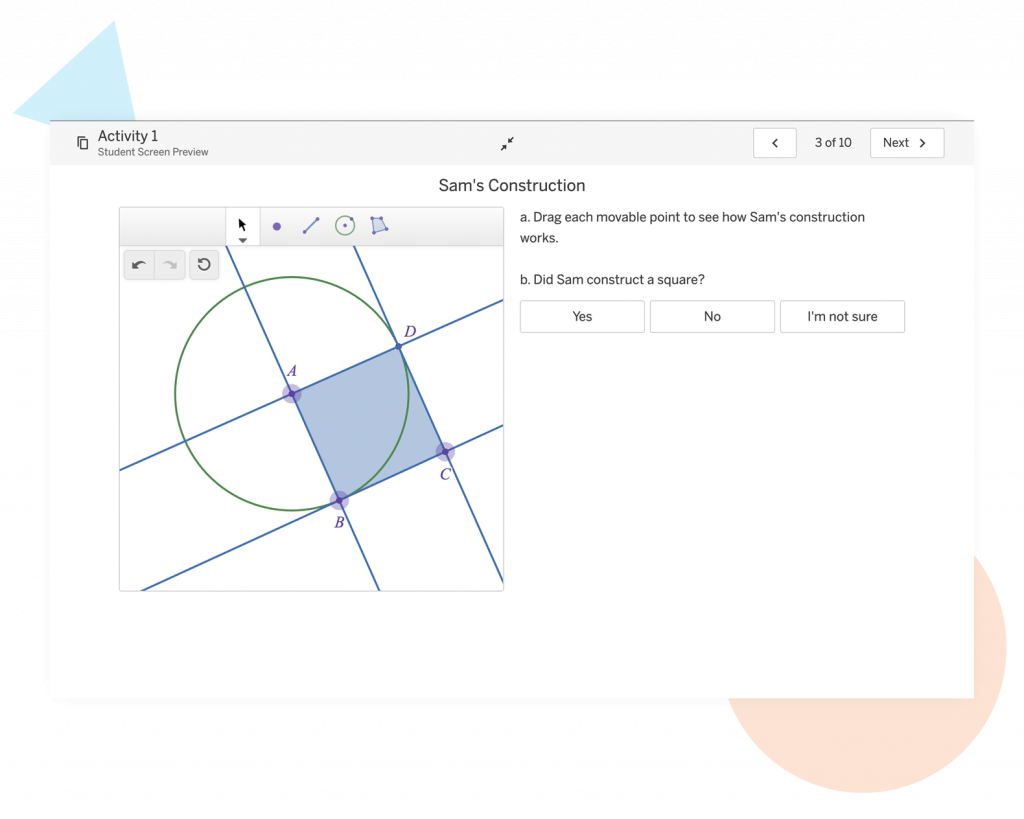 The geometry activity screen features a circle with intersecting lines and a shaded area. Instructions prompt users to explore Sam's construction and determine if a square was formed, all enhanced by the innovative tools of Amplify Desmos Math.