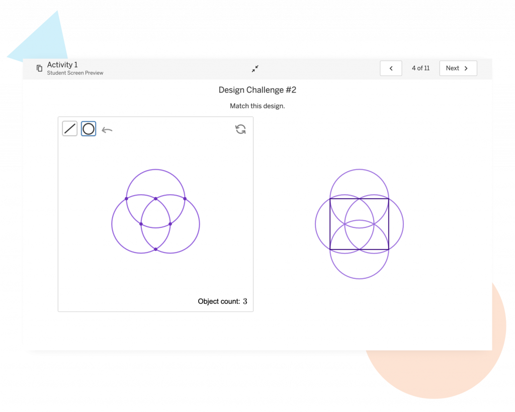 Screenshot of a design challenge interface from Amplify Desmos Math, featuring overlapping purple circles. The left shows 3 circles, and the right displays 5. Task: match the two designs as if solving a New York math puzzle.