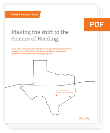 Cover page of a PDF titled "Making the shift to the Science of Reading," featuring an outline of Texas and an orange banner labeled "District Success Story," highlighting mCLASS as a gold standard assessment.