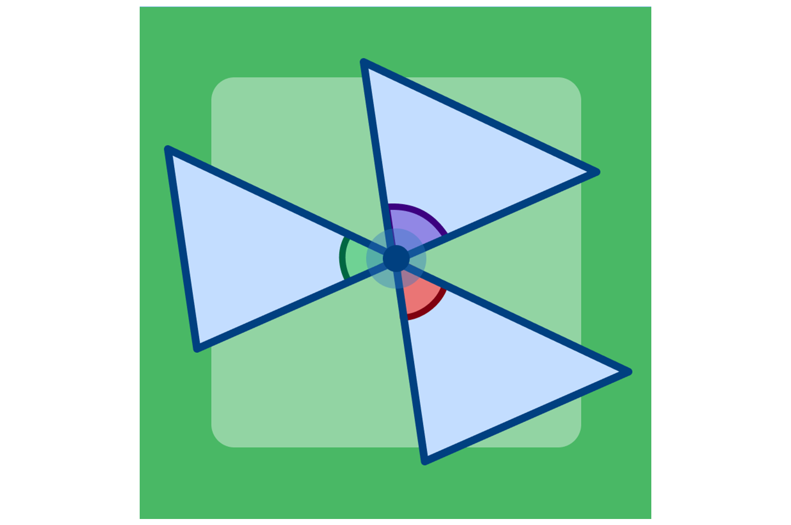 A geometric graphic featuring four blue-edged triangles forming a pinwheel shape on layered green square backgrounds with a small multicolored circle at the center.
