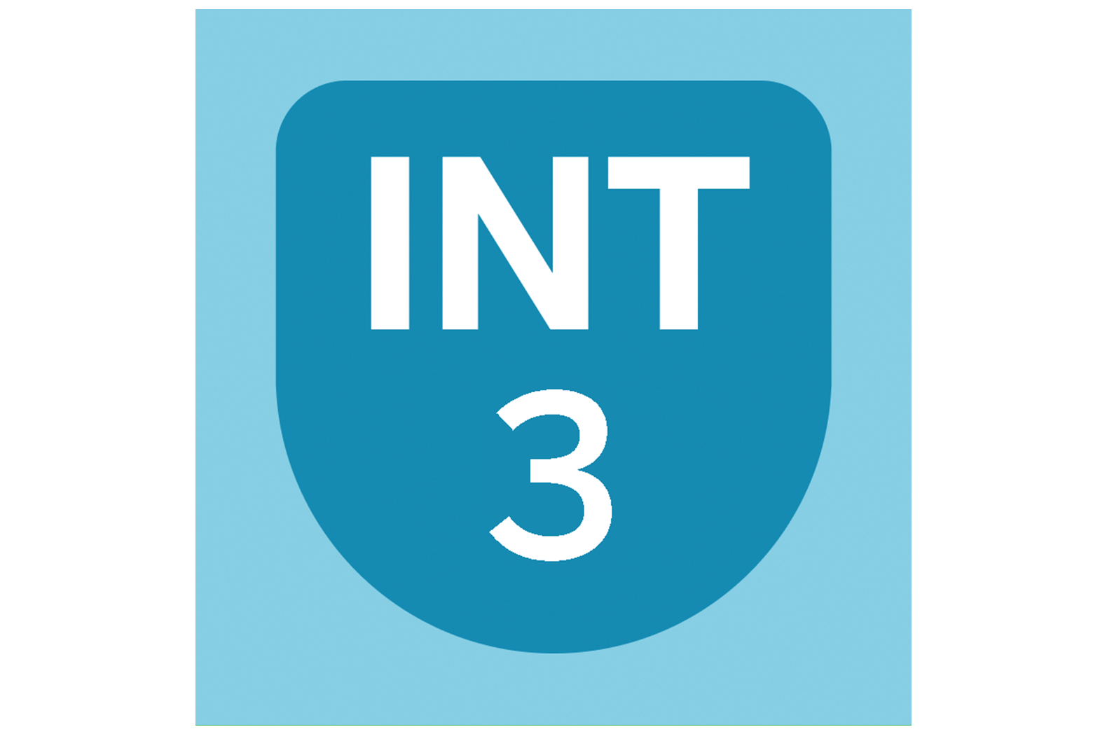 A blue shield-shaped sign with "INT" in white letters above the number "3" on a light blue square background, reminiscent of visuals found in Amplify Desmos Math resources.