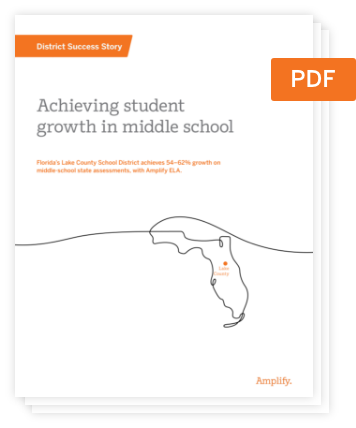 Cover page of a PDF titled "Achieving student growth in middle school," featuring a simple outline of Florida and a highlighted point for Lake County.