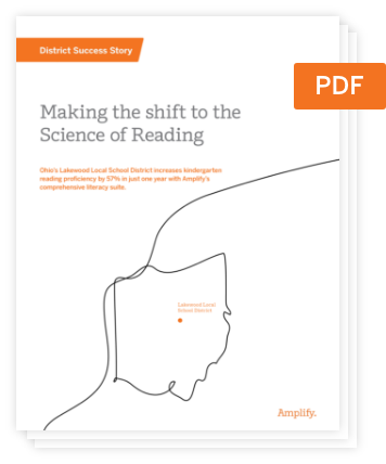 A PDF cover titled "Making the shift to the Science of Reading" features a minimalist outline of a face and highlights a literacy improvement in Lakewood Local School District, Ohio.