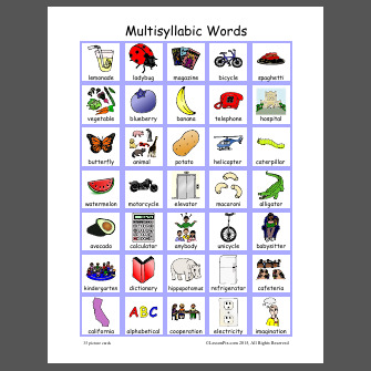 A chart titled "Multisyllabic Words" showing 35 images with corresponding words, such as "lemonade," "magazine," "motorcycle," and "refrigerator," arranged in a grid format.