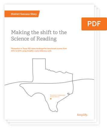 Cover of a PDF titled "Making the shift to the Science of Reading" featuring an outline map of Texas and highlighting Pleasanton Independent School District.