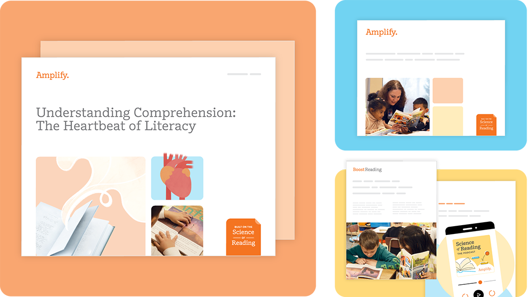 Collage of educational web pages and images featuring children reading, book graphics, and the title “Understanding Comprehension: The Heartbeat of Literacy,” highlighting interactive lessons and free teaching resources.