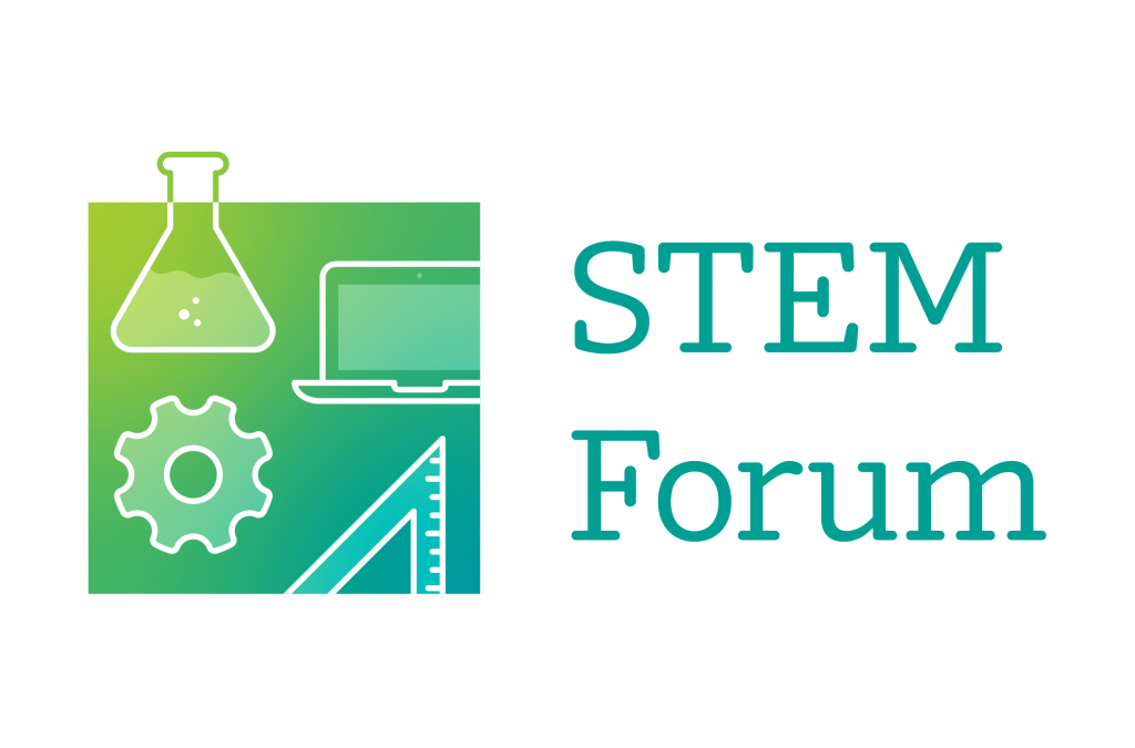 Logo of a stem forum featuring symbols of a beaker, laptop, gear, and ruler on a green and white background.