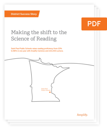 Cover page of a PDF titled "Making the shift to the Science of Reading," featuring an outline of Minnesota with Saint Paul Public School marked.