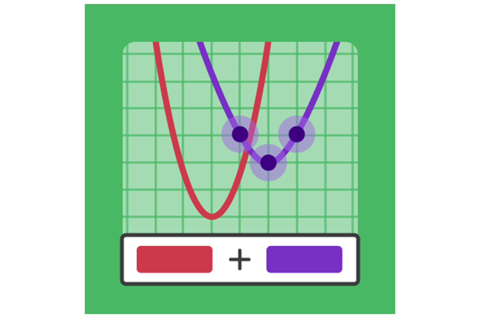 A graph with a red and a purple parabola on a grid, created in Amplify Desmos Math; three points are marked on the purple curve. Red and purple buttons with plus signs appear below, perfect for New York math classrooms.