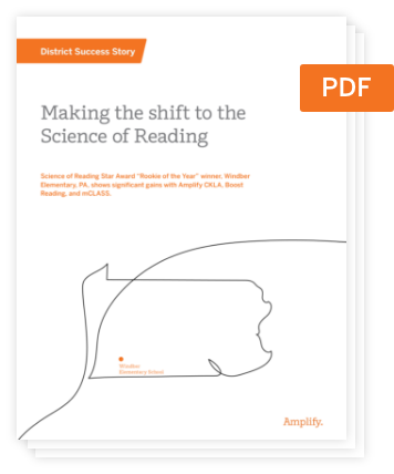 Cover page of a PDF document titled "Making the Shift to the Science of Reading," featuring an outline of Pennsylvania and a labeled location for Woodlen Elementary School, highlighting insights from literacy research.