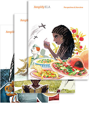 A stack of Amplify ELA textbooks, each with colorful illustrated covers featuring diverse people and various scenes, such as dining, reading, and travel.