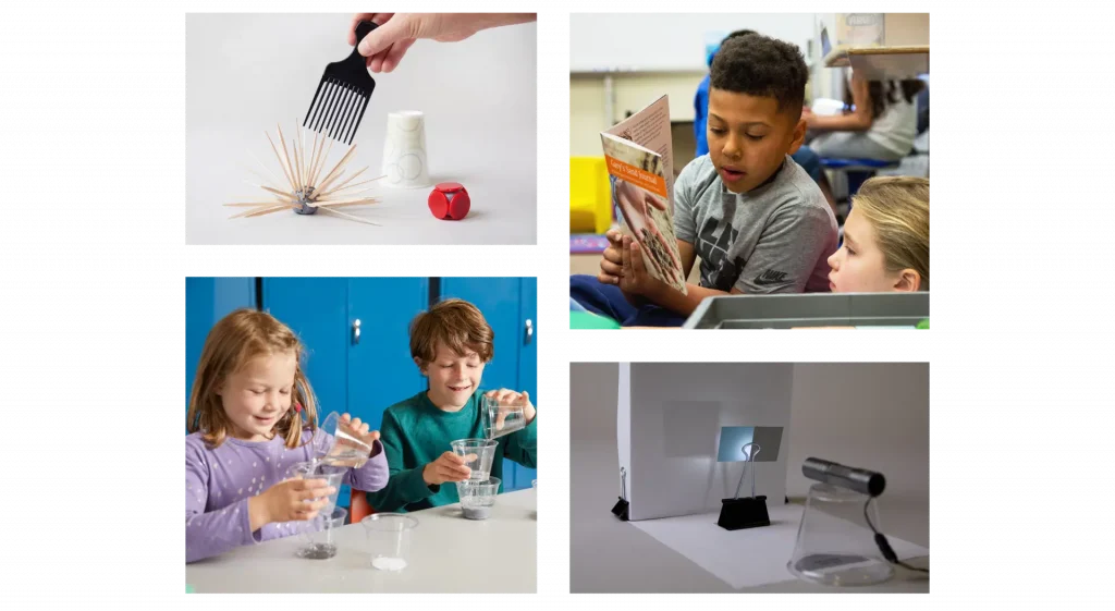 A collage shows science activities: toothpick structure, two kids reading, two kids pouring liquid into cups, and a light experiment with shadows.