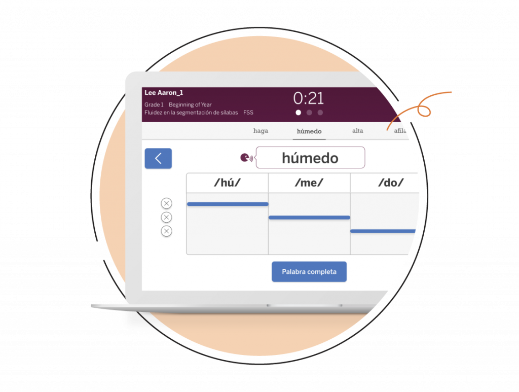 Screenshot of a language learning interface showing a spanish word "húmedo" broken into phonetic parts, with a timer set at 21 seconds.