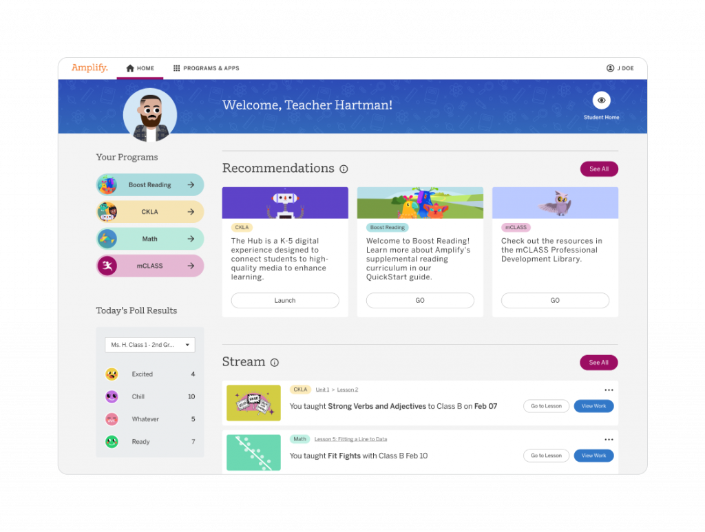 Screenshot of an educational platform's dashboard titled 'welcome, teacher hartman!' featuring options for boost reading, math, and other learning modules.