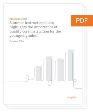 Cover of a PDF titled "Summer instructional loss highlights the importance of quality core instruction for the youngest grades," dated October 2024, with abstract line graph design.