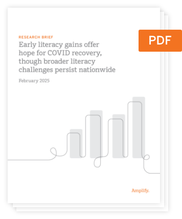 PDF document titled "Early literacy gains offer hope for COVID recovery, though broader literacy challenges persist nationwide," dated February 2025.