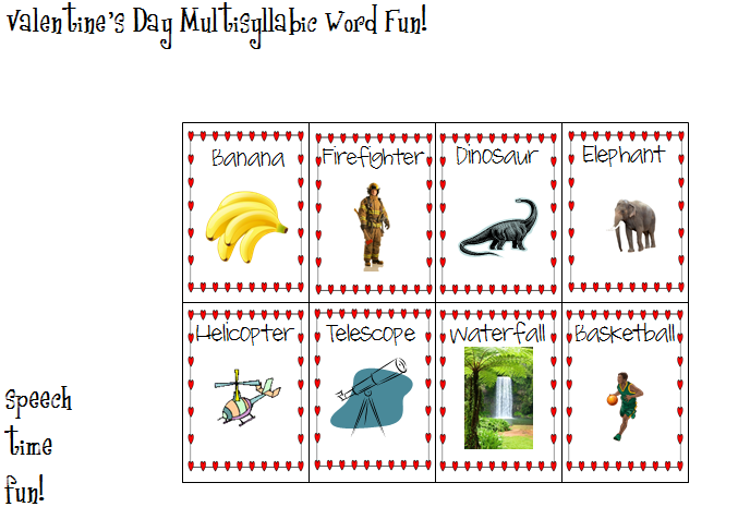 A Valentine's Day-themed worksheet with images and words: banana, firefighter, dinosaur, elephant, helicopter, telescope, waterfall, and basketball, for multisyllabic word practice.
