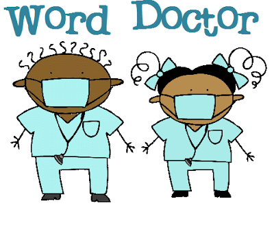 Two cartoon figures wearing medical scrubs, face masks, and stethoscopes stand under the words "Word Doctor.