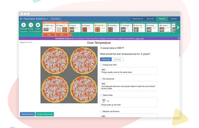 A screenshot displays a Pizza Maker educational tool. Four pizzas are shown, and a question about oven temperature for multiple pizzas is posed. Various student responses are visible below.