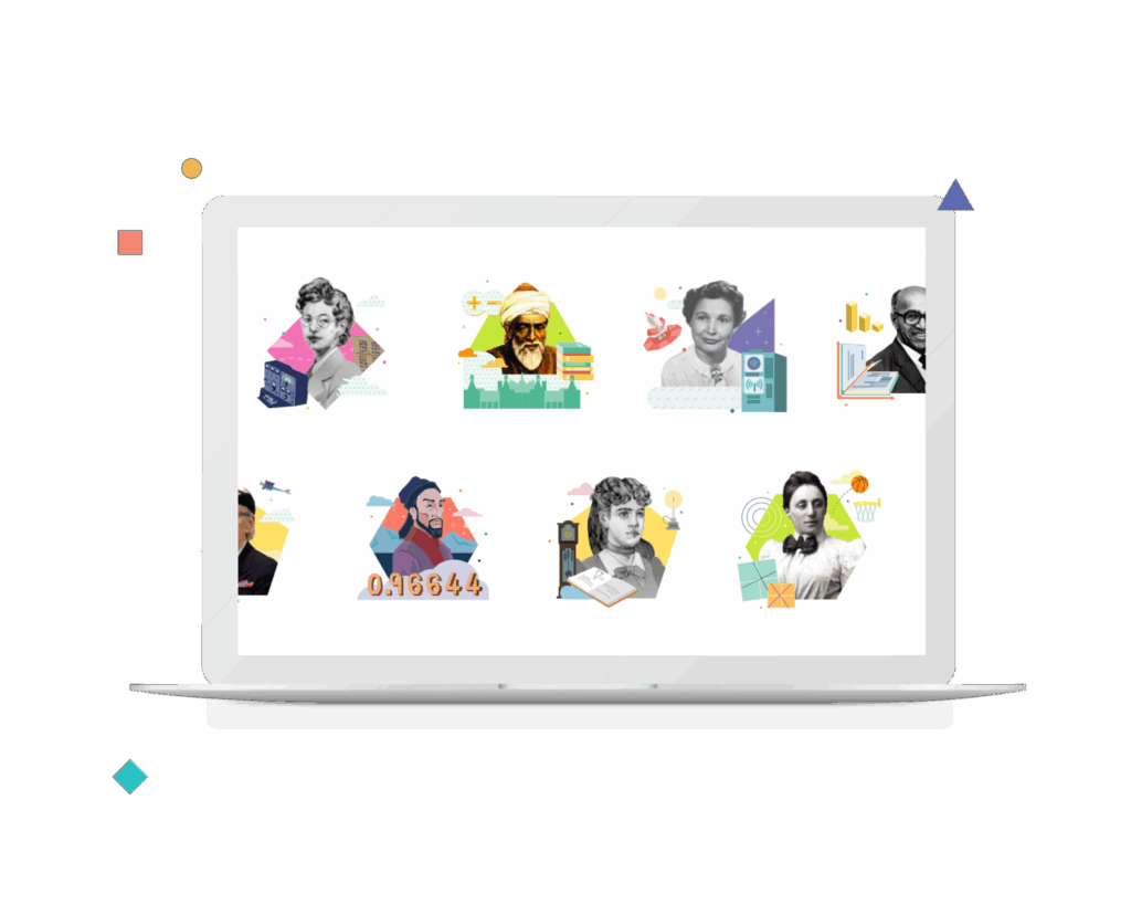 Illustration of a laptop displaying various colorful icons and graphics representing diverse professions and historical figures on its screen, emphasizing illustrative mathematics and desmos math concepts through its displayed content.