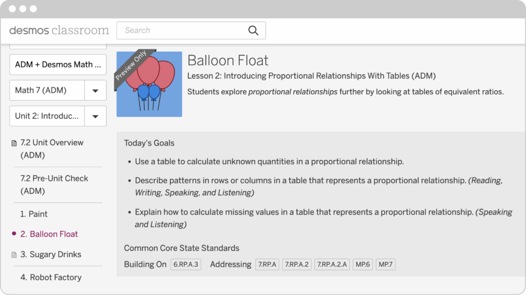 Screenshot of an educational module titled "Balloon Float" on Desmos Classroom. It focuses on proportional relationships with tables and lists goals related to quantities, patterns, and numerical relationships.
