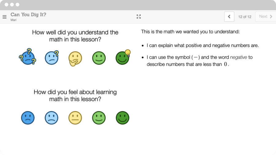 A feedback form with two questions, "How well did you understand the math in this lesson?" and "How did you feel about learning math in this lesson?" with corresponding emoji options for responses, perfectly complements the New York Math curriculum.
