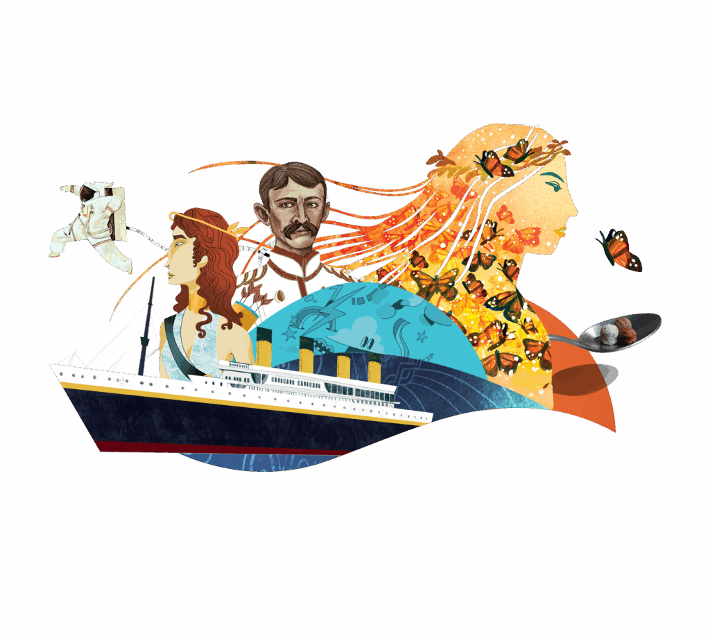 Illustration of a ship with diverse elements including human figures, nature motifs, and space elements on a black background.