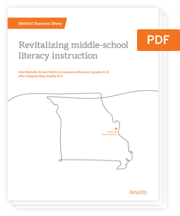 Cover of a PDF titled "Revitalizing middle-school literacy instruction" with an outline of Missouri and a highlighted district, produced by Amplify.