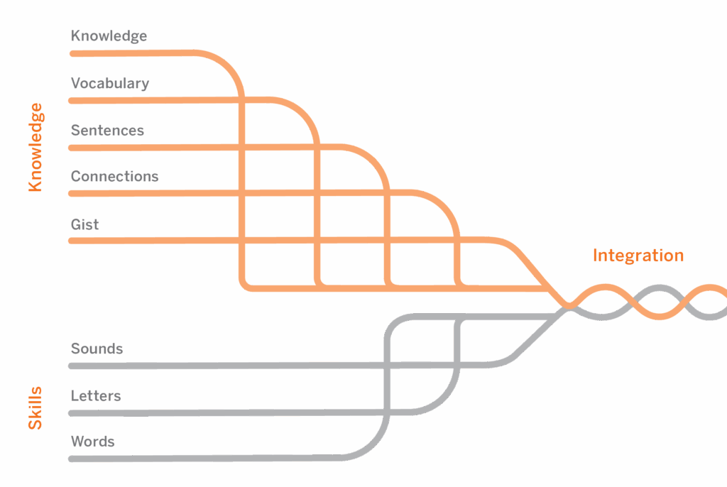 Illustration depicting two overlapping learning curves labeled "knowledge" and "skills," with stages like "vocabulary," "connections," and "words" leading to integration in an online language arts curriculum.
